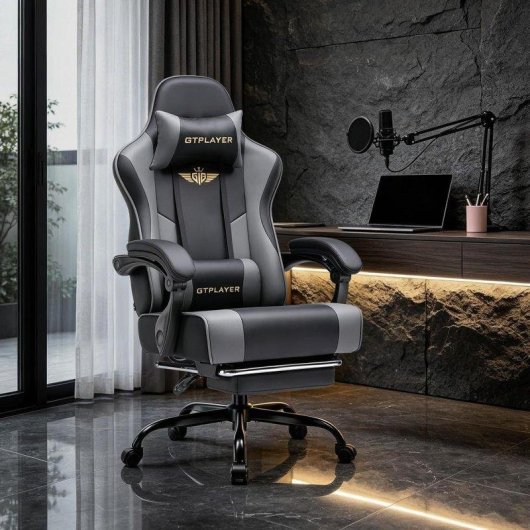 Silla Gaming GTPLAYER Ergonómica Reposapiés y Soporte Lumbar Gris
