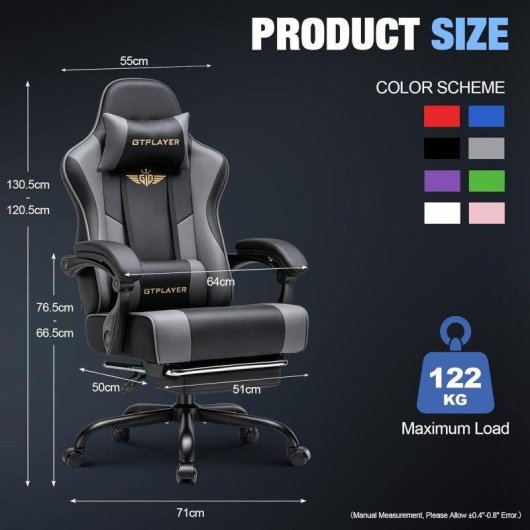 Silla Gaming GTPLAYER Ergonómica Reposapiés y Soporte Lumbar Gris