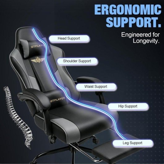 Silla Gaming GTPLAYER Ergonómica Reposapiés y Soporte Lumbar Gris