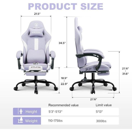Cadeira Gaming Ergonómica GTPLAYER Ajustável Giratória Tecido Respirante - Roxa