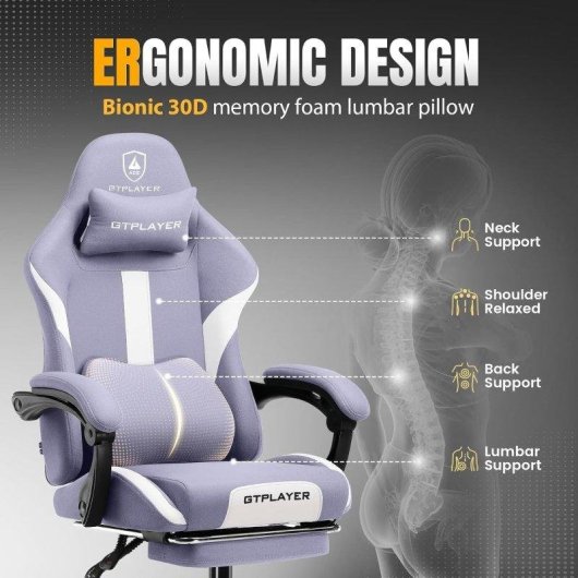 Cadeira Gaming Ergonómica GTPLAYER Ajustável Giratória Tecido Respirante - Roxa
