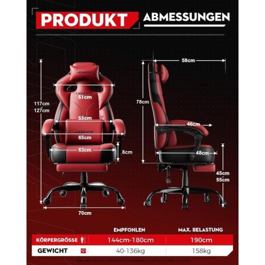 Silla Gaming Ergonómica GTPLAYER Reclinable 155° con Reposapiés - Roja