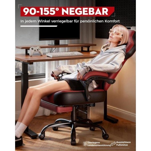 Silla Gaming Ergonómica GTPLAYER Reclinable 155° con Reposapiés - Roja