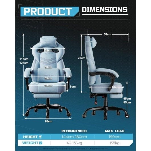 Sedia Gaming GTPLAYER in Tessuto Regolabile 90-155° e Poggiapiedi - Blu