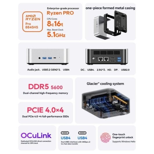 Mini PC AOOSTAR Maco AMD Ryzen 7 Pro 8845HS/Barebone/Quad Display/OCuLink