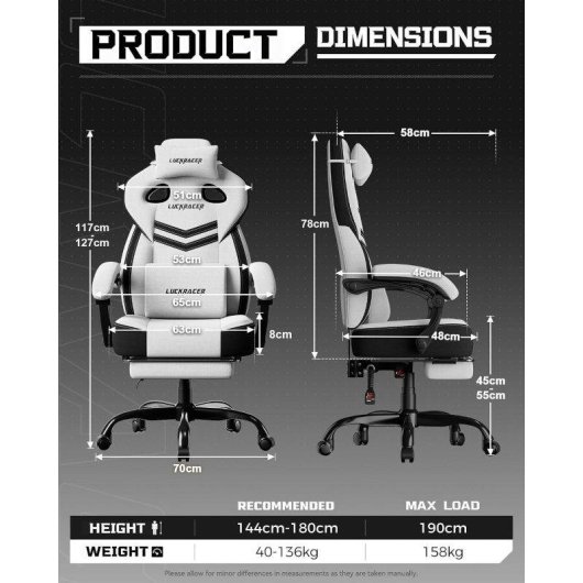 Silla gaming GTPLAYER con reposabrazos sincronizados, reclinable 90-155° y reposapiés - Blanca