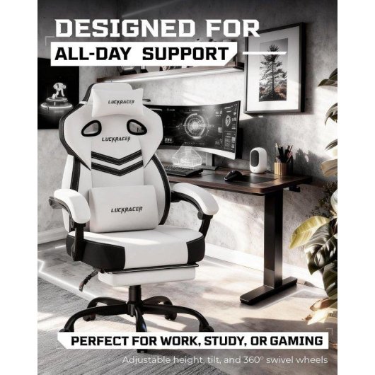 Silla gaming GTPLAYER con reposabrazos sincronizados, reclinable 90-155° y reposapiés - Blanca
