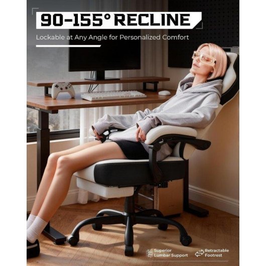Silla gaming GTPLAYER con reposabrazos sincronizados, reclinable 90-155° y reposapiés - Blanca