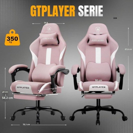 Cadeira Gaming GTPLAYER Ergonómica Ajustável Tecido Respirável Rosa