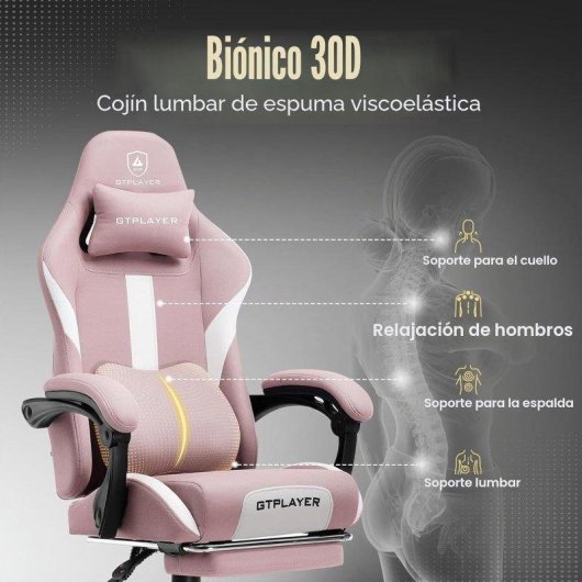 Cadeira Gaming GTPLAYER Ergonómica Ajustável Tecido Respirável Rosa