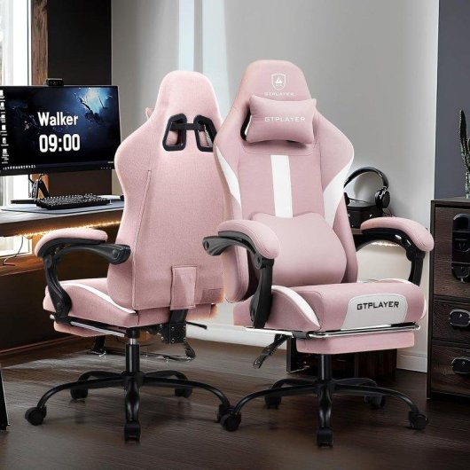 Cadeira Gaming GTPLAYER Ergonómica Ajustável Tecido Respirável Rosa