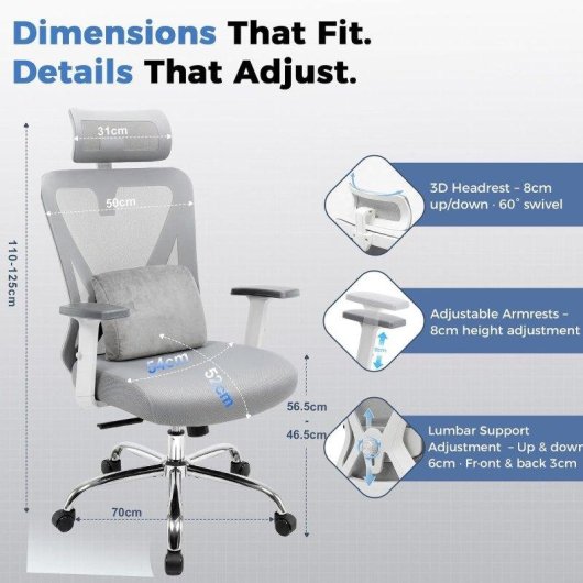 Silla Ergonómica GTPLAYER Ajustable Reposacabezas 3D Soporte Lumbar 3D Reposabrazos Plegables Gris