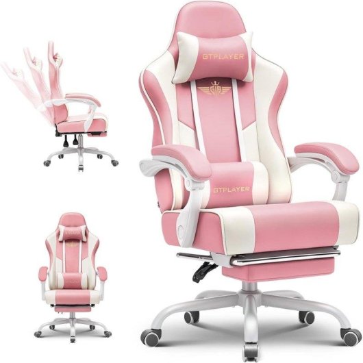 Silla gaming GTPLAYER rosa con reposapiés, soporte lumbar y respaldo reclinable