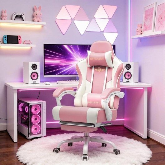 Silla gaming GTPLAYER rosa con reposapiés, soporte lumbar y respaldo reclinable