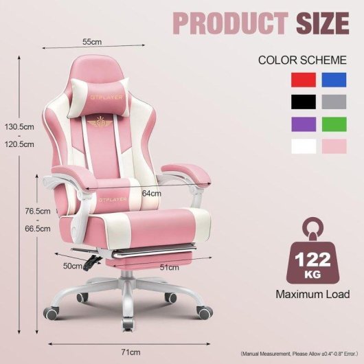 Silla gaming GTPLAYER rosa con reposapiés, soporte lumbar y respaldo reclinable