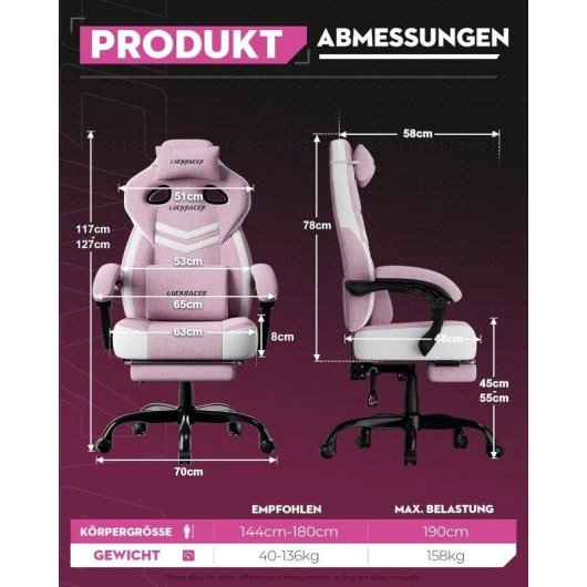 Sillón Gaming GTPLAYER Rosa Tela Reposabrazos Sincronizados Reclinable 155° Reposapiés