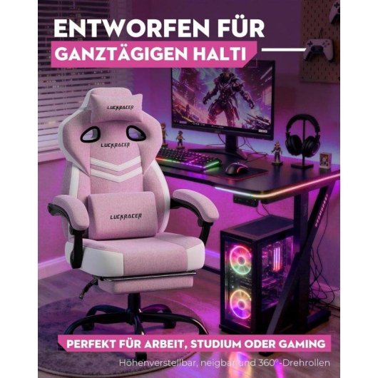 Sillón Gaming GTPLAYER Rosa Tela Reposabrazos Sincronizados Reclinable 155° Reposapiés