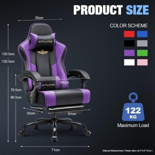 Silla Gaming GTPLAYER Ergonómica Púrpura Cojín XXL Reposapiés 135°