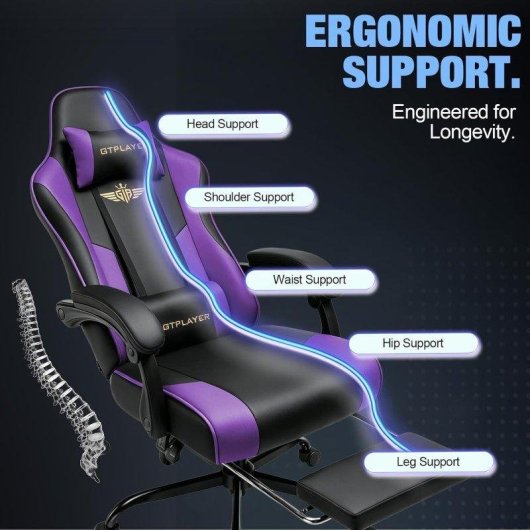 Silla Gaming GTPLAYER Ergonómica Púrpura Cojín XXL Reposapiés 135°