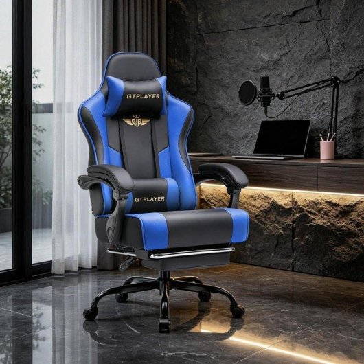 Silla Gaming GTPLAYER Ergonómica con Reposapiés Reposacabezas y Soporte Lumbar Azul