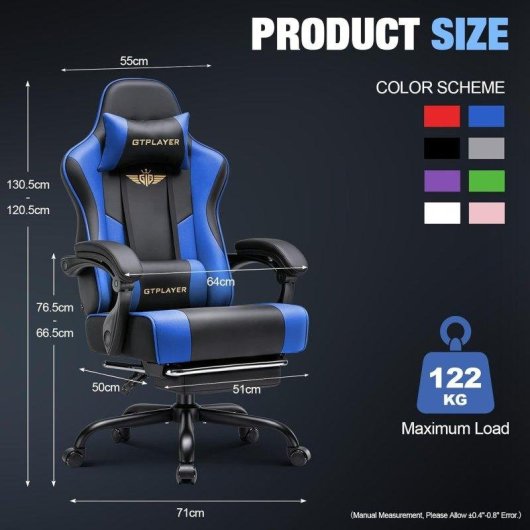 Silla Gaming GTPLAYER Ergonómica con Reposapiés Reposacabezas y Soporte Lumbar Azul