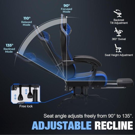 Silla Gaming GTPLAYER Ergonómica con Reposapiés Reposacabezas y Soporte Lumbar Azul
