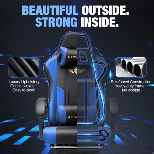 Silla Gaming GTPLAYER Ergonómica con Reposapiés Reposacabezas y Soporte Lumbar Azul