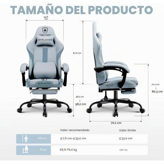 Cadeira Gaming GTPLAYER Ergonómica Ajustável Tecido Respirável Cinzenta