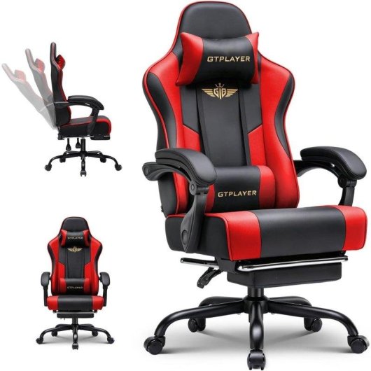 Silla gaming GTPLAYER ergonómica con reposapiés, soporte lumbar y reclinable roja