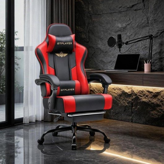 Silla gaming GTPLAYER ergonómica con reposapiés, soporte lumbar y reclinable roja