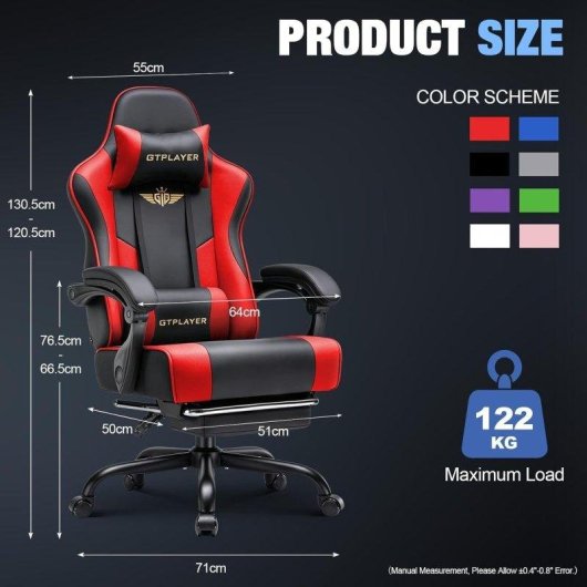 Silla gaming GTPLAYER ergonómica con reposapiés, soporte lumbar y reclinable roja