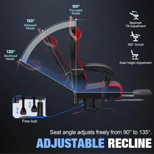 Silla gaming GTPLAYER ergonómica con reposapiés, soporte lumbar y reclinable roja