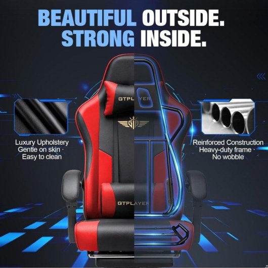 Silla gaming GTPLAYER ergonómica con reposapiés, soporte lumbar y reclinable roja