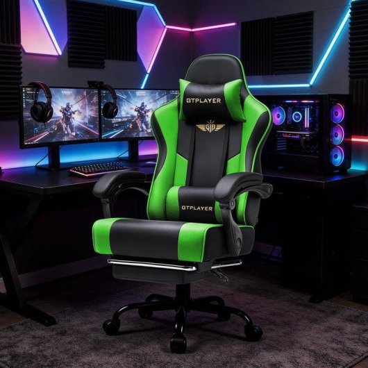 Silla gaming ergonómica GTPLAYER con reposapiés, soporte cervical y lumbar - Verde