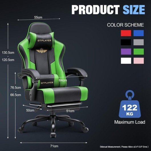 Silla gaming ergonómica GTPLAYER con reposapiés, soporte cervical y lumbar - Verde
