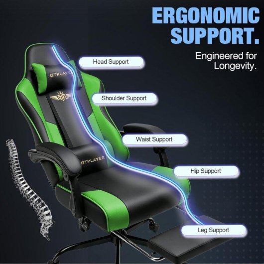 Silla gaming ergonómica GTPLAYER con reposapiés, soporte cervical y lumbar - Verde