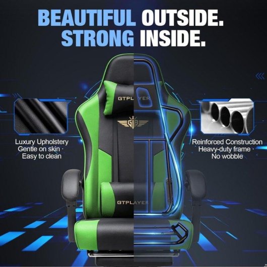 Silla gaming ergonómica GTPLAYER con reposapiés, soporte cervical y lumbar - Verde