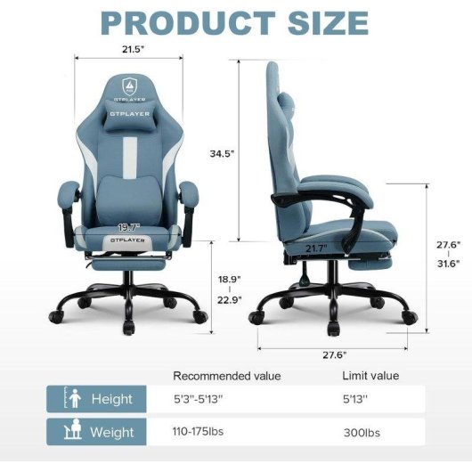 Cadeira Gaming GTPLAYER Ergonomica Reclinavel Tecido Respiravel Azul