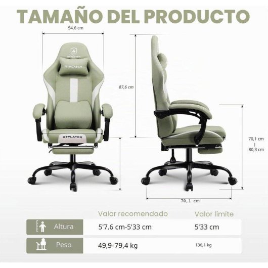 Cadeira Gaming GTPLAYER Ergonomica Giratoria Ajustavel Tecido Respiravel Verde
