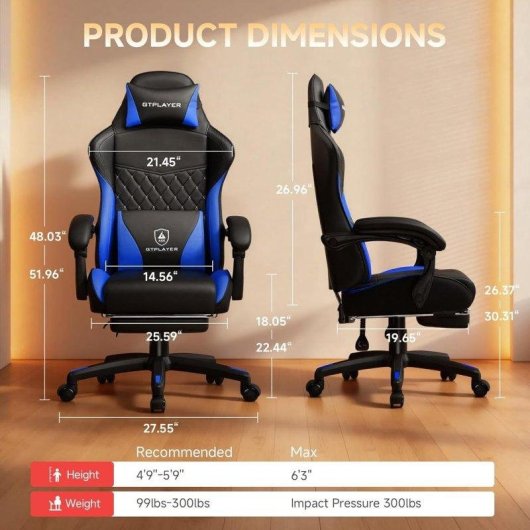 Sedia Gaming GTPLAYER Doppio Schienale Coperchio Rimovibile 150 kg Blu