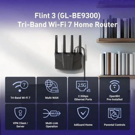 Router GL.iNet Flint 3 WiFi 7 Tri-Bande 9 Gbps 5 x 2,5G VPN