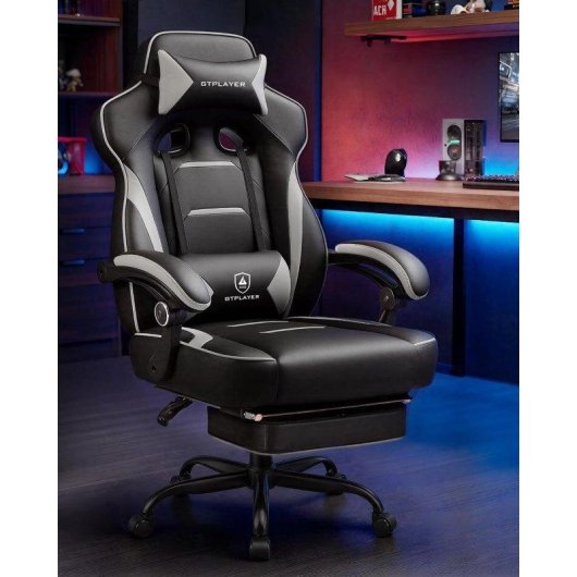 Chaise Gaming GTPLAYER Repos-pieds 180 kg Lombaire Reglable 155° Gris