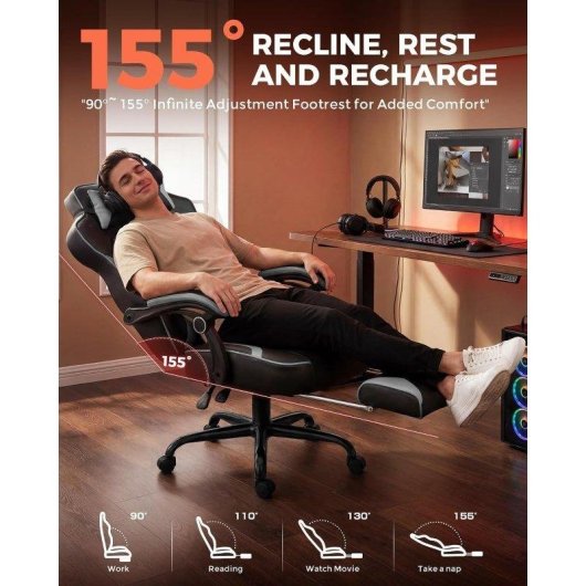 Chaise Gaming GTPLAYER Repos-pieds 180 kg Lombaire Reglable 155° Gris