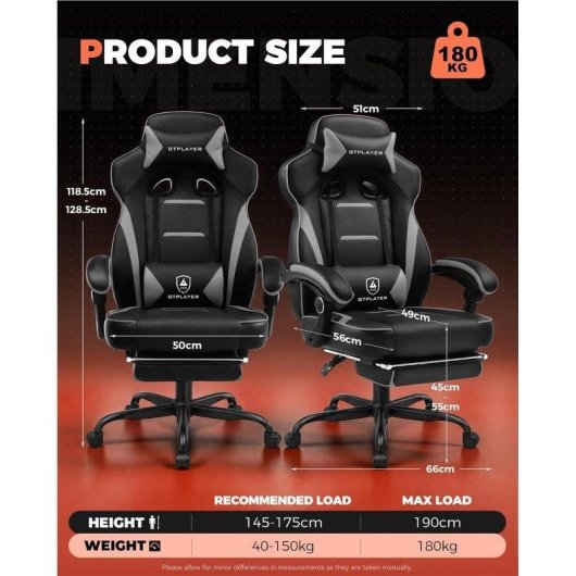 Chaise Gaming GTPLAYER Repos-pieds 180 kg Lombaire Reglable 155° Gris