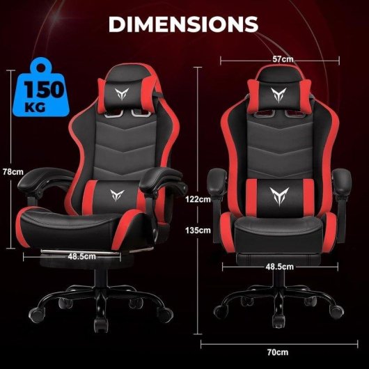 Chaise Gaming GTPLAYER avec Repose-pieds, Support Lombaire Ajustable Rouge