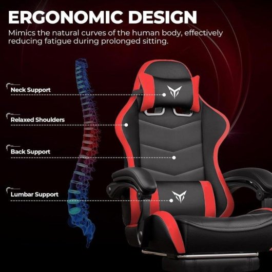 Chaise Gaming GTPLAYER avec Repose-pieds, Support Lombaire Ajustable Rouge