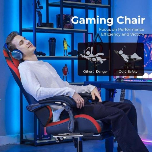 Chaise Gaming GTPLAYER avec Repose-pieds, Support Lombaire Ajustable Rouge