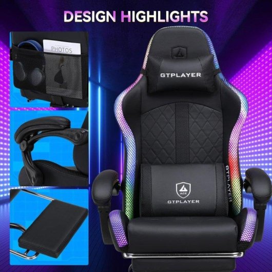 Silla Gaming GTPLAYER Musical con Altavoces, Luz, Reposapiés y Masaje USB