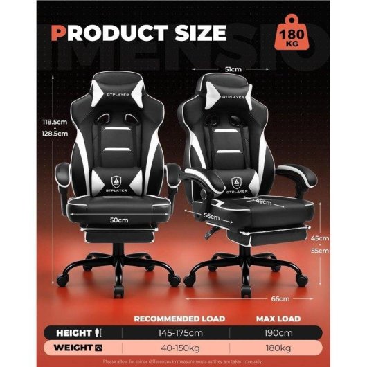 Silla Gaming GTPLAYER Ergonómica 180kg Reclinable 155° con Reposapiés - Blanco