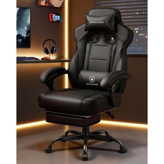Silla gaming GTPLAYER ergonómica con reposapiés y soporte lumbar para personas grandes